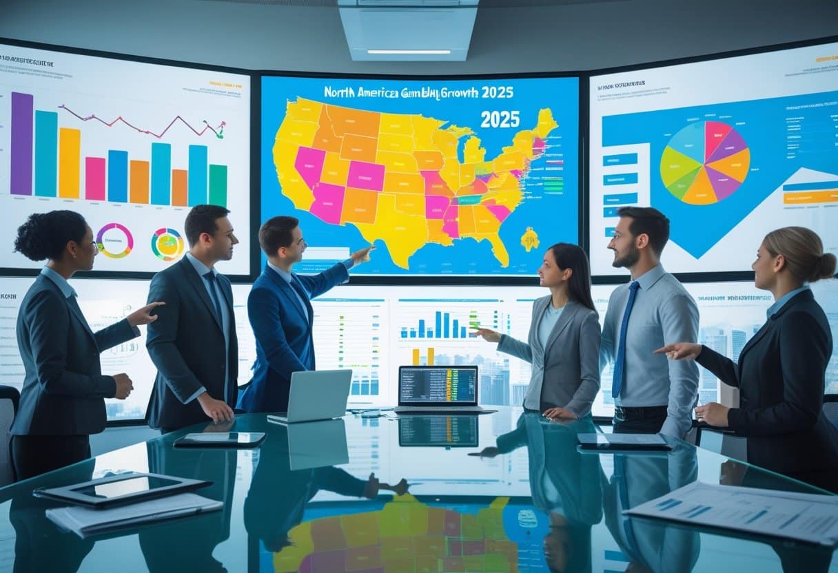 Six business professionals in formal attire discuss 2025 Trends in the North American Gambling Market, referencing charts, graphs, and a colorful U.S. map highlighting regional expansion and statistical data displayed on large screens. - Poker Training Videos and Poker Coaching A group of business professionals in an office analyzing digital charts and maps of North America related to gambling market growth.