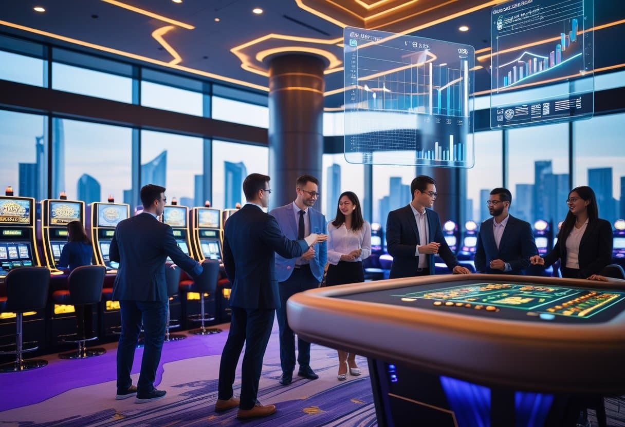 Business professionals in formal attire converse around a casino table with slot machines nearby; digital charts highlighting 2025 Trends in the North American Gambling Market are projected above. City skyline visible through large windows. - Poker Training Videos and Poker Coaching A modern casino interior with people interacting with digital gaming machines and floating data screens showing market trends, set against a city skyline.