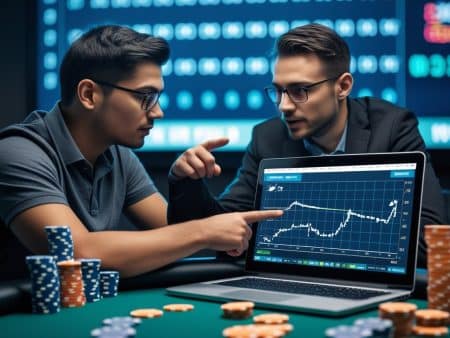 Two poker players in suits sit at a table with chips, closely examining a laptop screen displaying a rising financial chart. A large digital board with numbers highlights the importance of probability in gambling in the background.