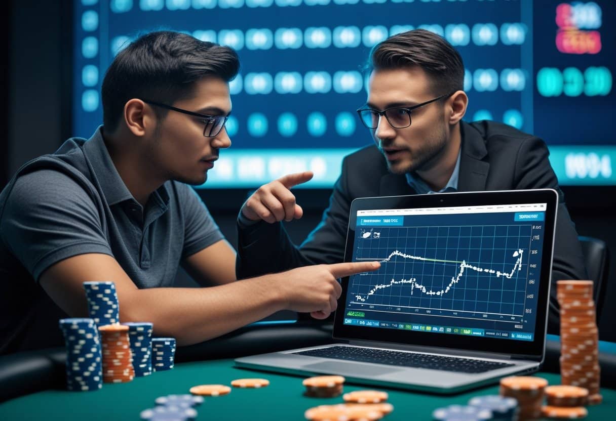 Two poker players in suits sit at a table with chips, closely examining a laptop screen displaying a rising financial chart. A large digital board with numbers highlights the importance of probability in gambling in the background. - Poker Training Videos and Poker Coaching Two people at a table analyzing poker chips, cards, and statistical charts on a laptop, discussing strategies related to poker and sports betting.