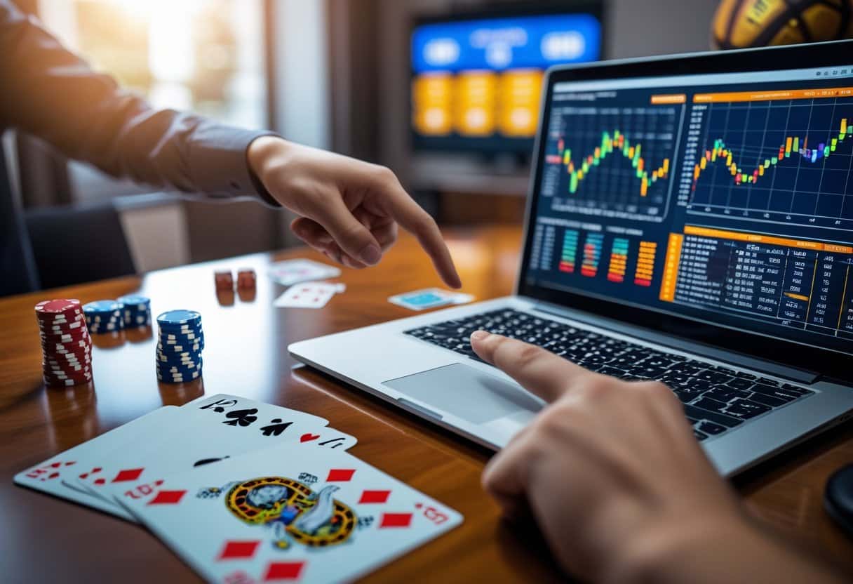 Two people point at a laptop displaying financial charts. Poker chips and playing cards are spread on a wooden table, capturing how poker players balance probability in gambling with stock trading strategies. A TV screen and more chips are in the background. - Poker Training Videos and Poker Coaching A workspace with poker chips, playing cards, dice, and a laptop showing sports betting graphs, with a hand pointing at the screen and sports equipment blurred in the background.
