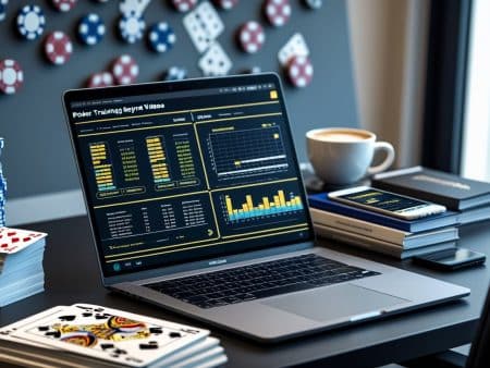 A laptop displaying poker training statistics sits on a desk with poker chips, playing cards, a smartphone, notebooks, and a cup of coffee—perfect for skill development. A poker chip rack is mounted on the wall in the background.