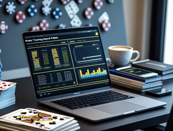 A laptop displaying poker training statistics sits on a desk with poker chips, playing cards, a smartphone, notebooks, and a cup of coffee—perfect for skill development. A poker chip rack is mounted on the wall in the background.