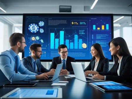 Five business professionals in formal attire sit around a conference table with laptops, discussing regulatory predictions and industry outlook displayed on a large digital screen with colorful charts, graphs, and infographics in a modern office setting.