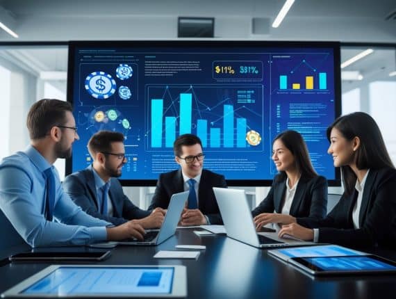 Five business professionals in formal attire sit around a conference table with laptops, discussing regulatory predictions and industry outlook displayed on a large digital screen with colorful charts, graphs, and infographics in a modern office setting.