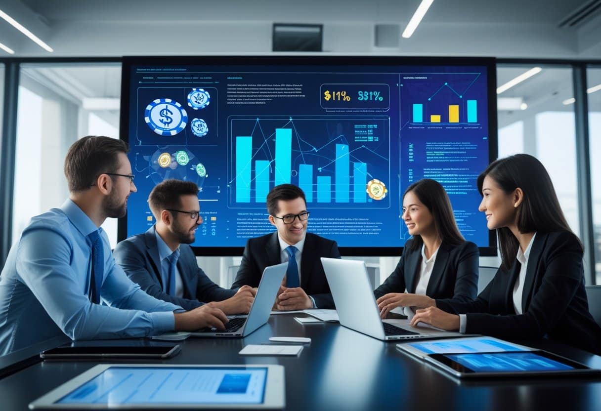 Five business professionals in formal attire sit around a conference table with laptops, discussing regulatory predictions and industry outlook displayed on a large digital screen with colorful charts, graphs, and infographics in a modern office setting. - Poker Training Videos and Poker Coaching Business professionals in a modern office discussing online gambling industry trends with digital screens showing data and gambling symbols.