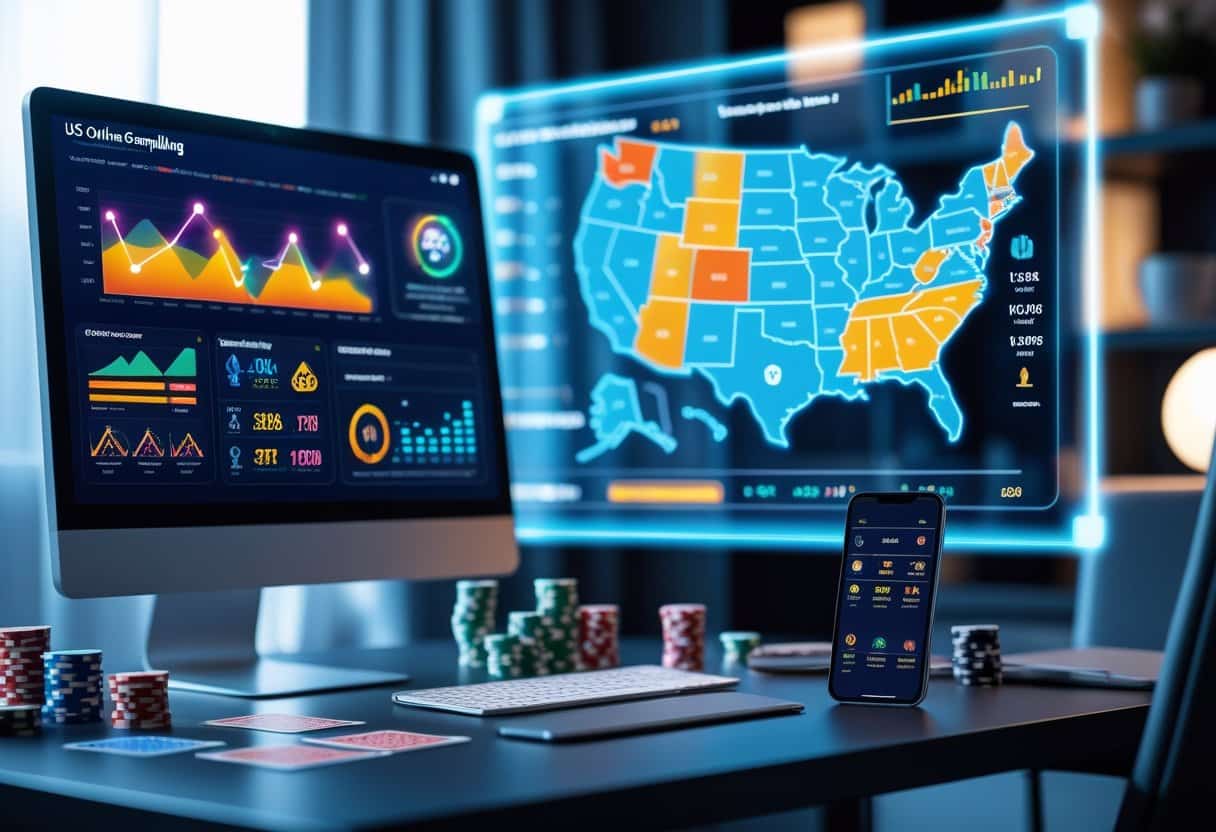 A modern home office with a computer displaying gambling statistics, poker chips and cards on the desk, and a holographic map of the US showing regulatory changes.