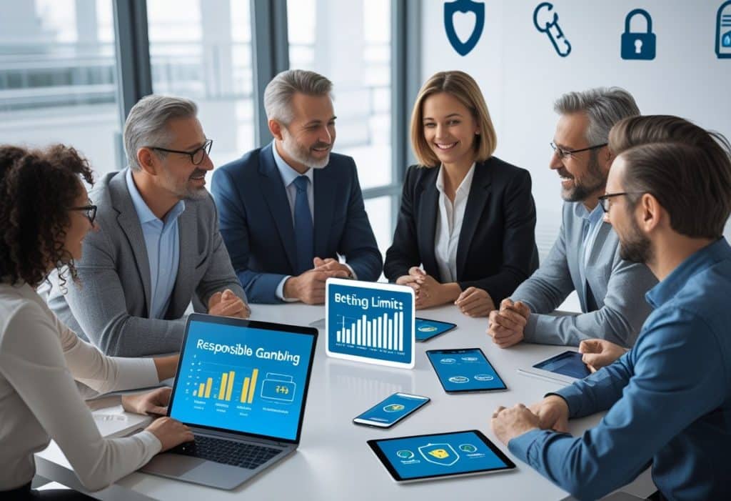 Six professionals sit around a conference table with laptops and tablets displaying charts about responsible gambling tools and setting limits. The group is smiling and engaged in discussion about best practices for betting platforms in a modern office.