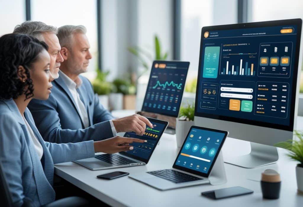 Three business professionals work at a desk with laptops and large monitors displaying data analytics dashboards, charts, and graphs related to responsible gambling tools in a modern office with large windows and plants in the background. - Poker Training Videos and Poker Coaching Three business professionals work at a desk with laptops and large monitors displaying data analytics dashboards, charts, and graphs related to responsible gambling tools in a modern office with large windows and plants in the background.