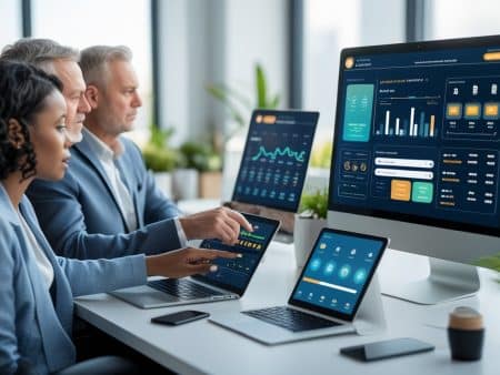 Three business professionals work at a desk with laptops and large monitors displaying data analytics dashboards, charts, and graphs related to responsible gambling tools in a modern office with large windows and plants in the background.