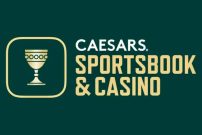 Caesars Online Casino & Sportsbook logo with a gold trophy cup icon inside a rounded square, and bold gold text on a dark green background—representing premium gaming in the USA for 2025.