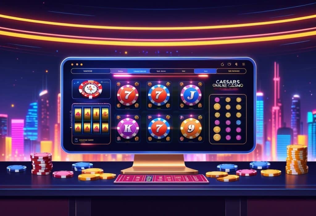 A computer screen displays a colorful Caesars Online Casino slot game, surrounded by poker chips and stacks of coins. In the background, a vibrant USA cityscape with neon lights glows, capturing the excitement of online gaming in 2025.