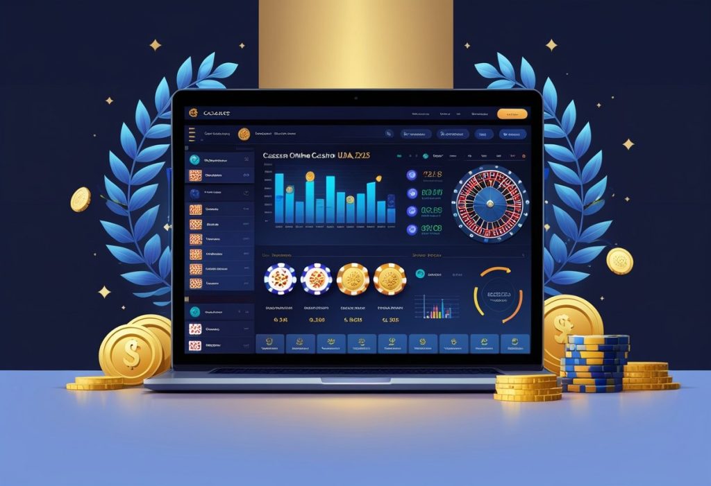 A laptop displays the Caesars Online Casino dashboard with charts, roulette, and game stats. Gold coins, poker chips, and laurel decorations surround the laptop on a blue and gold background, evoking a premier USA gaming experience in 2025.