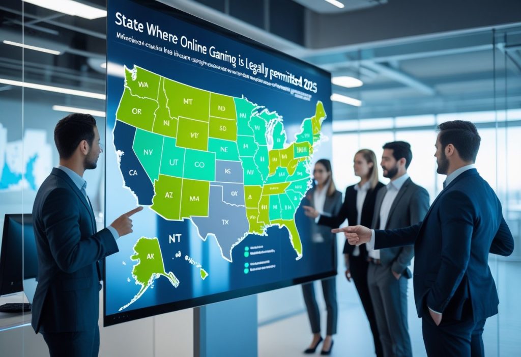 Five professionals stand in an office, discussing a large legalisation map 2025 of the United States displaying states where online gaming is allowed, with states color-coded in green and yellow. - Poker Training Videos and Poker Coaching Five professionals stand in an office, discussing a large legalisation map 2025 of the United States displaying states where online gaming is allowed, with states color-coded in green and yellow.