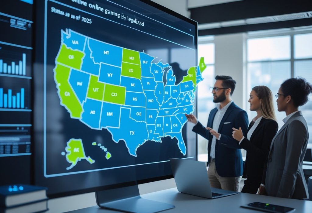 Three professionals stand in an office, reviewing a large legalisation map 2025 of the United States. Several states where online gaming is allowed are highlighted in green, while others remain blue.