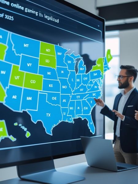 Three professionals stand in an office, reviewing a large legalisation map 2025 of the United States. Several states where online gaming is allowed are highlighted in green, while others remain blue.