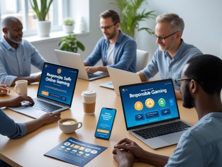 A group of four people work at a table with laptops, tablets, and phones displaying Responsible Online Gaming websites. Coffee cups and a pamphlet on Safer Play tools and limits are also on the table in a bright office.
