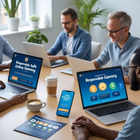 A group of four people work at a table with laptops, tablets, and phones displaying Responsible Online Gaming websites. Coffee cups and a pamphlet on Safer Play tools and limits are also on the table in a bright office.