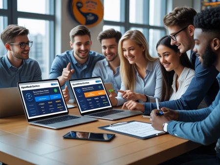 A group of six young professionals sit around a table in a modern office, smiling and discussing sportsbook data and odds displayed on two laptops showing sports statistics and scores. A clipboard and documents are on the table.