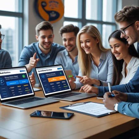 A group of six young professionals sit around a table in a modern office, smiling and discussing sportsbook data and odds displayed on two laptops showing sports statistics and scores. A clipboard and documents are on the table.
