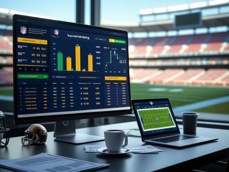 A computer monitor and laptop display NFL bets and sports betting statistics in an office overlooking a football stadium. A football helmet, coffee cups, and papers with expert picks are on the desk, hinting at Super Bowl 2026 excitement.