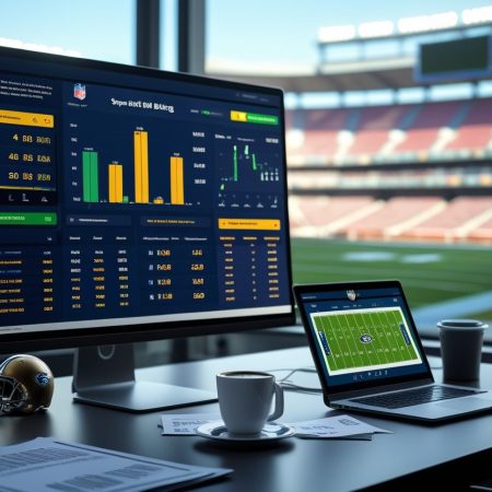A computer monitor and laptop display NFL bets and sports betting statistics in an office overlooking a football stadium. A football helmet, coffee cups, and papers with expert picks are on the desk, hinting at Super Bowl 2026 excitement.