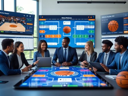 A group of professionals in suits discuss March Madness 2026 bracket strategies at a conference table, surrounded by large digital screens with basketball stats, odds analysis, and game footage. Tablets and a basketball sit on the table.