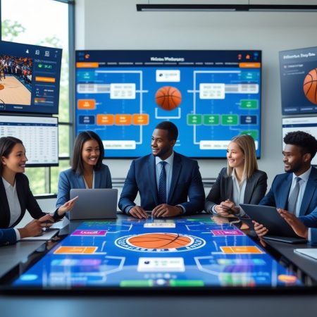 A group of professionals in suits discuss March Madness 2026 bracket strategies at a conference table, surrounded by large digital screens with basketball stats, odds analysis, and game footage. Tablets and a basketball sit on the table.