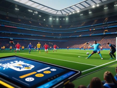 A vibrant soccer match in a packed stadium, with players near the goal and a tablet in the foreground displaying live odds for Premier League 2025/26, emphasizing real-time action and digital engagement.