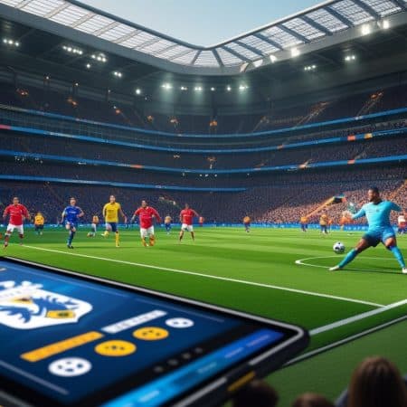 A vibrant soccer match in a packed stadium, with players near the goal and a tablet in the foreground displaying live odds for Premier League 2025/26, emphasizing real-time action and digital engagement.