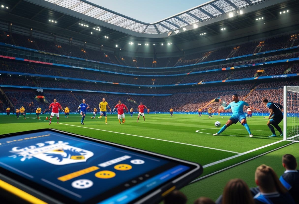 A football player about to kick the ball in a crowded stadium with fans watching and a digital screen showing betting odds and player statistics.