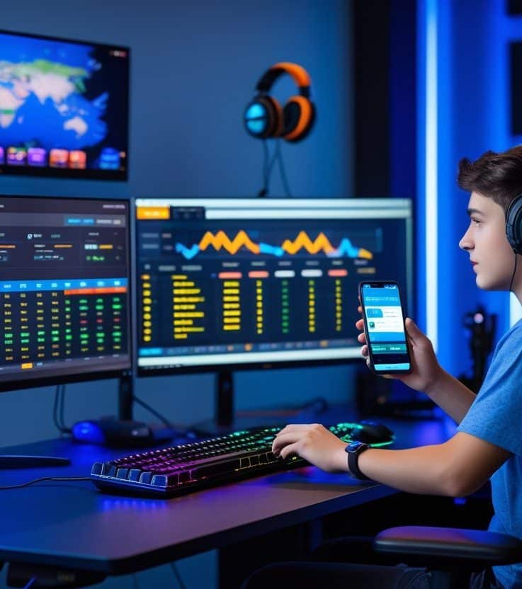 A teenager wearing headphones sits at a gaming desk with three monitors displaying colorful eSports Betting odds and data. He holds a smartphone and types on a keyboard, surrounded by gaming equipment in a blue-lit room.