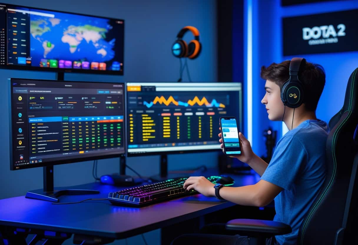 A person sitting at a desk with multiple monitors showing eSports games and betting odds, using a smartphone in a gaming setup.