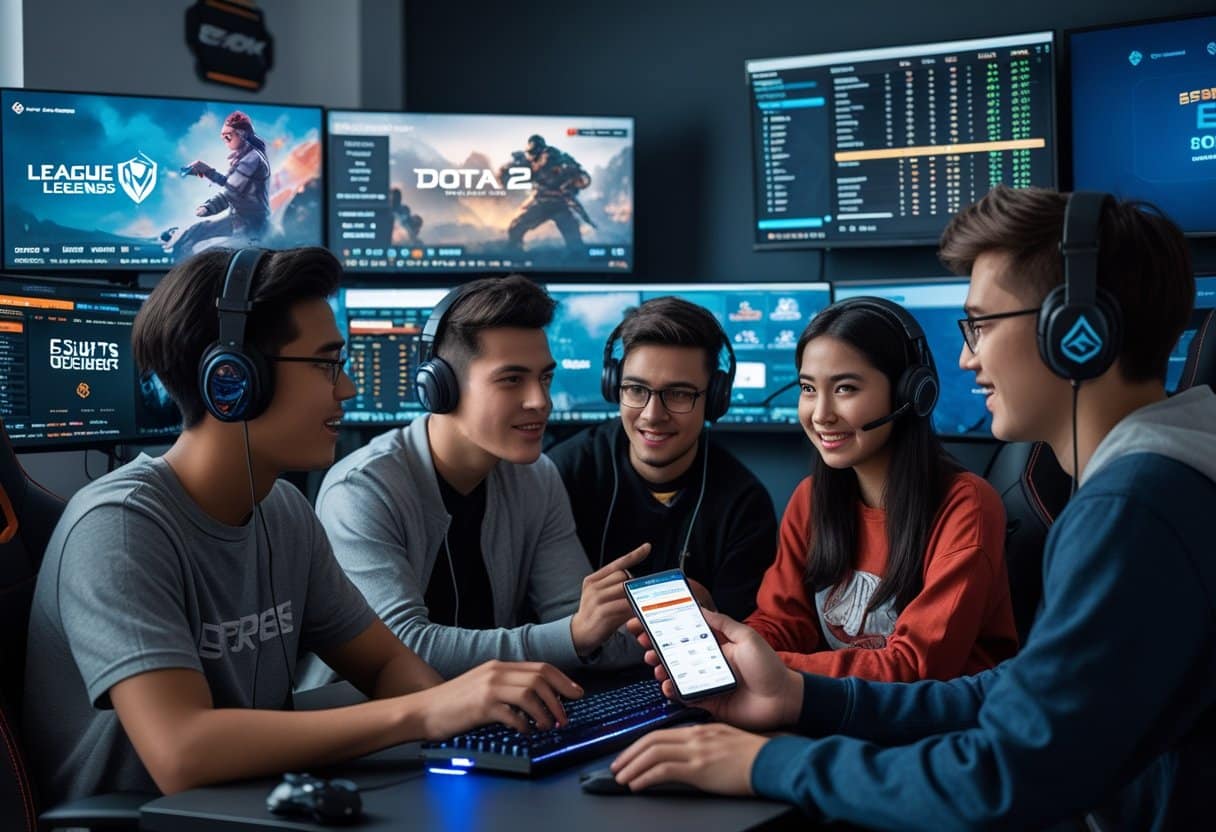 A group of young adults watching esports games on multiple screens while checking betting odds on a smartphone in a modern gaming room.