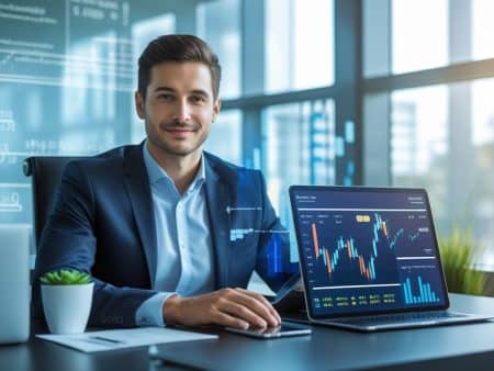 A man in a business suit sits at a desk in a modern office, smiling at the camera. His laptop displays colorful financial charts and graphs, reflecting strategies like value betting for long-term profit. Digital data overlays fill the background.