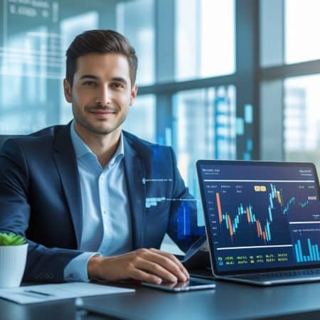 A man in a business suit sits at a desk in a modern office, smiling at the camera. His laptop displays colorful financial charts and graphs, reflecting strategies like value betting for long-term profit. Digital data overlays fill the background.
