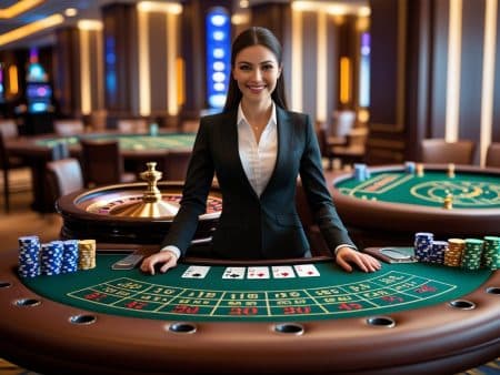 A smiling woman in a black suit stands behind a casino gaming table with cards and poker chips, surrounded by Roulette tables and other Live Dealer Games in a well-lit casino setting.