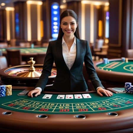 A smiling woman in a black suit stands behind a casino gaming table with cards and poker chips, surrounded by Roulette tables and other Live Dealer Games in a well-lit casino setting.