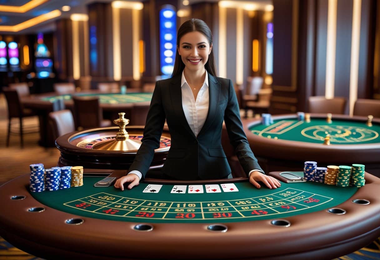 A casino scene with a female dealer at a blackjack table, a spinning roulette wheel, and a baccarat table in the background.