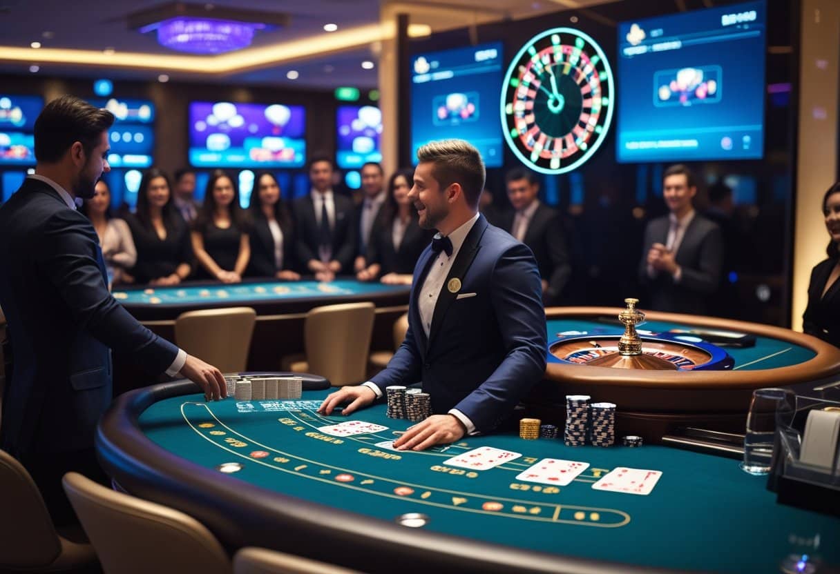 A casino scene showing a live dealer at a blackjack table, a spinning roulette wheel, and a baccarat table with players watching and interacting.