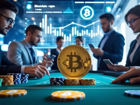 Several people in business attire sit around a casino table with poker chips and a large Bitcoin coin, making Bitcoin bets, against a backdrop of graphs and Bitcoin symbols on digital screens.