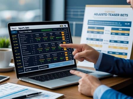 A person points at a laptop screen displaying sports betting odds, statistics, and adjusted point spreads. A chart with betting information and a cup of coffee are on the desk in the office setting, hinting at their betting strategy.