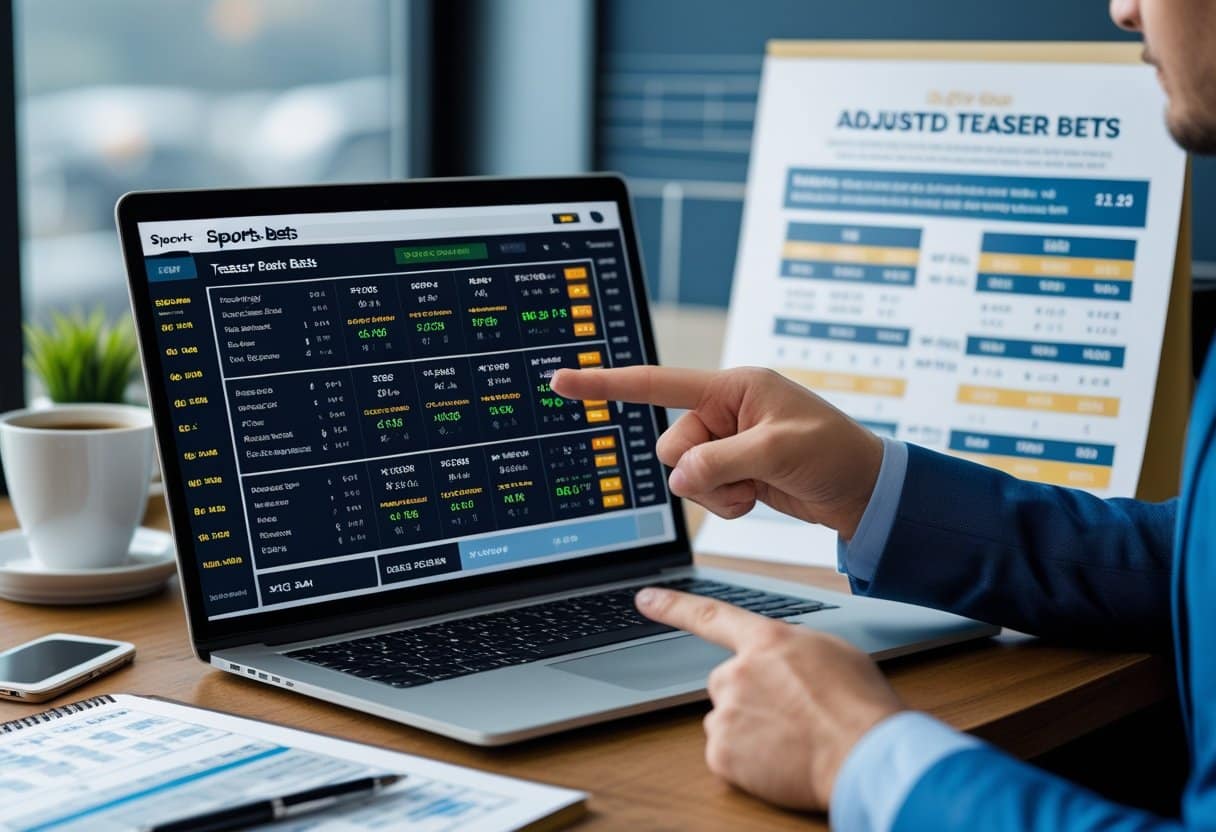 A person analyzing sports betting data on a laptop with charts and notes on a desk in a focused workspace.