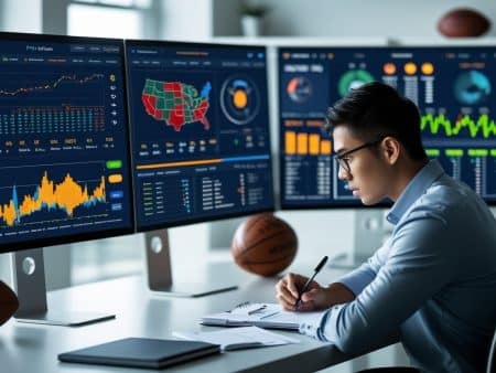 A man in an office analyzes NFL and NBA sports data on large monitors showing charts, graphs, and maps, with footballs on the desk and notepad in hand—highlighting advanced metrics and statistics-based betting in sports analytics.
