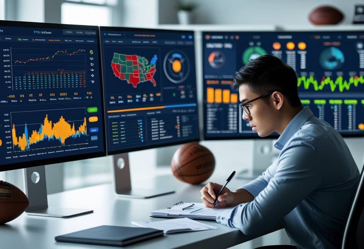 A person analyzing advanced NFL and NBA statistics on multiple computer screens in a modern workspace with a football and basketball nearby.
