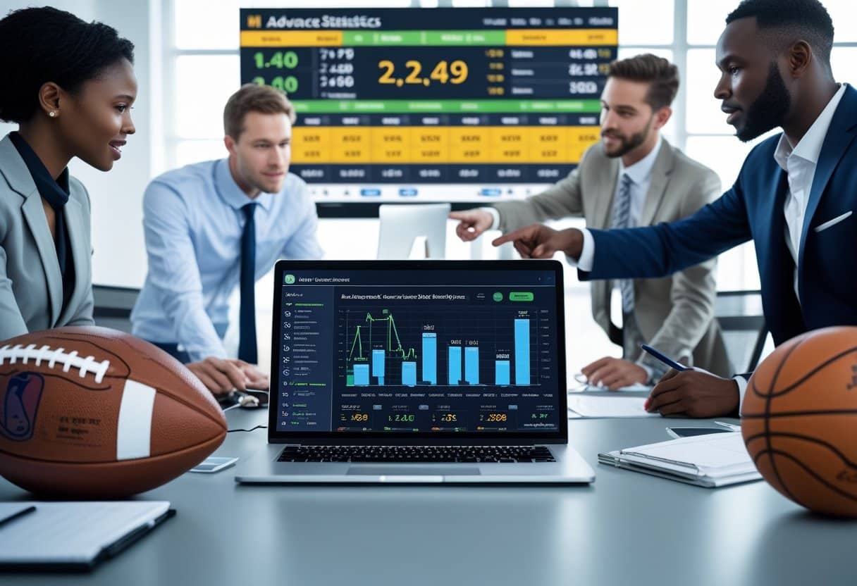 A group of professionals analyzing sports data on a laptop surrounded by football and basketball equipment in a modern office.