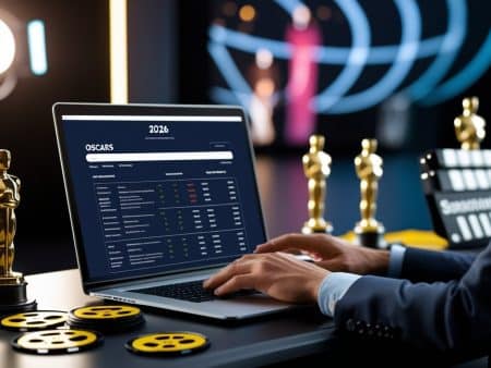 A person uses a laptop displaying Oscars 2026 predictions with the best odds at a desk decorated with Oscar statuettes, film reels, and a clapperboard. The background features blurred stage lights and a large screen.