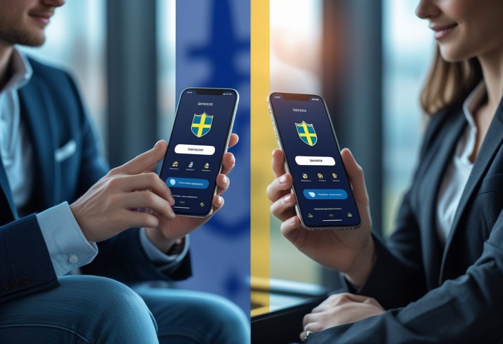 Two people in business attire use smartphones displaying an app with the Swedish flag, hinting at Sweden’s digital services like Mobile Betting Apps. They sit in a modern, professional setting, suggesting international options possibly linking Sweden and the USA. - Poker Training Videos and Poker Coaching Two people in business attire use smartphones displaying an app with the Swedish flag, hinting at Sweden’s digital services like Mobile Betting Apps. They sit in a modern, professional setting, suggesting international options possibly linking Sweden and the USA.