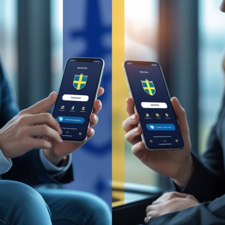 Two people in business attire use smartphones displaying an app with the Swedish flag, hinting at Sweden’s digital services like Mobile Betting Apps. They sit in a modern, professional setting, suggesting international options possibly linking Sweden and the USA.