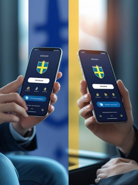 Two people in business attire use smartphones displaying an app with the Swedish flag, hinting at Sweden’s digital services like Mobile Betting Apps. They sit in a modern, professional setting, suggesting international options possibly linking Sweden and the USA.